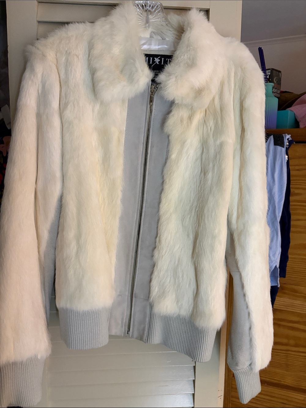 Mixit Cream rabbit/suede Fur Bomber Jacket